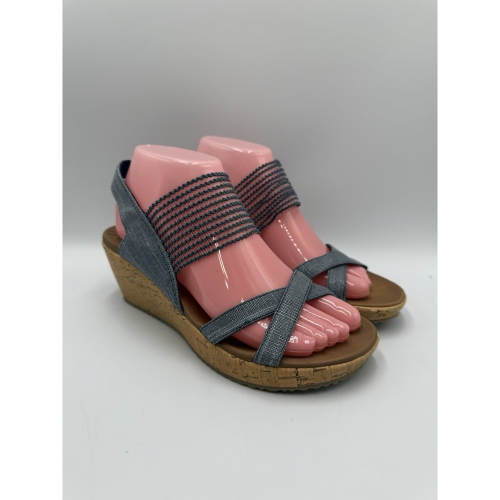Skechers Luxe Foam Beverlee Blue Shimmer‎ Strappy Open Toe Cork Wedges Sz 7.5